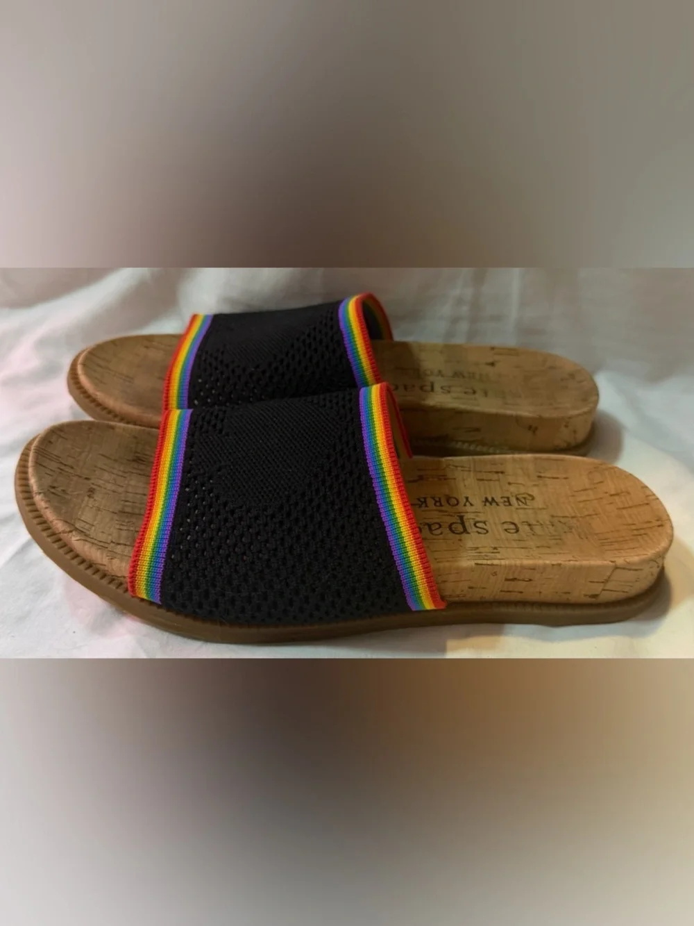 Kate Spade New York Wren Rainbow Black Multicolor Knit Cork Slide Size 6